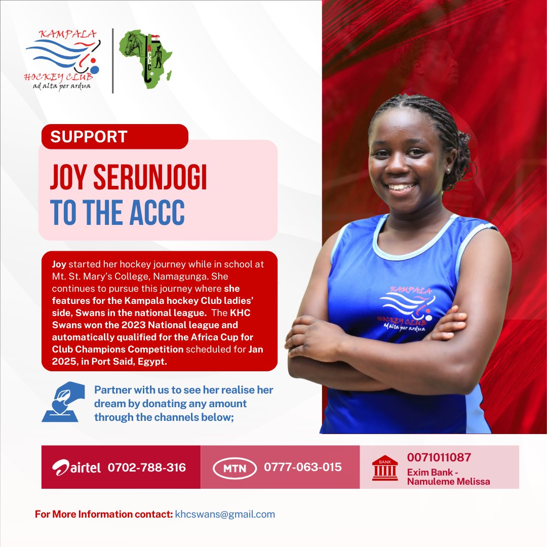 Kampala Hockey Club Swans (@khcswans) on Twitter photo Joy Serunjogi invites you to support us to the Africa Cup for Club Champions (ACCC) this month January 2025 in Egypt.ππππππ. This is the top most Continental club tournament in Africa and it's her dream to make magic at Continental level.
You can also support us through Joy Serunjogi invites you to support us to the Africa Cup for Club Champions (ACCC) this month January 2025 in Egypt.ππππππ. This is the top most Continental club tournament in Africa and it's her dream to make magic at Continental level.
You can also support us through