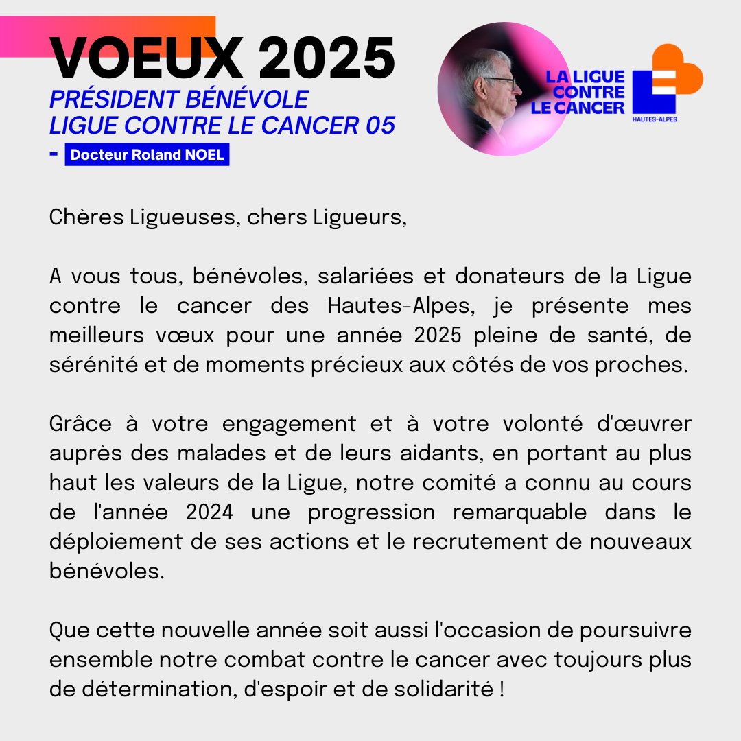 LigueCancer05's tweet photo. ✨ Chères Ligueuses, chers Ligueurs, notre président a tenu à vous adresser ces quelques mots pour débuter cette nouvelle année #2025 ⬇️ https://t.co/2DZkXqLTt8
