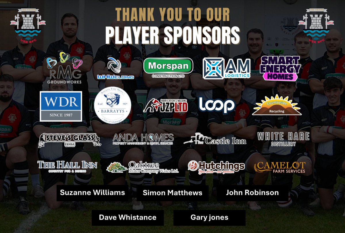 A massive THANK YOU to of all our incredible player sponsors for your support this season! 🙌🏉

Your generosity and backing mean the world to us and our players 🙏

#UskRugby #UskRFC #Rugby #Sponsors #PlayerSponsors