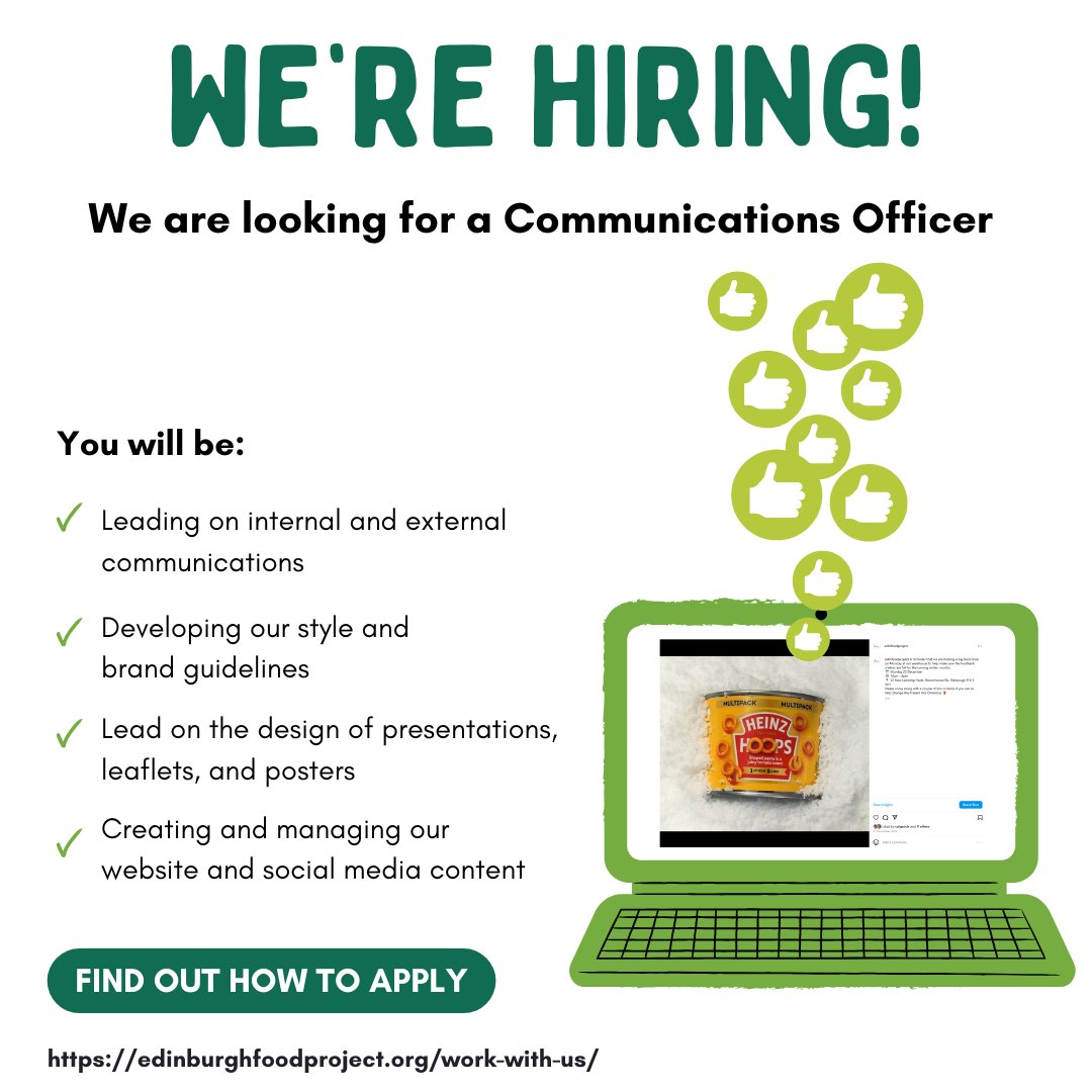 We are #hiring a Communications Officer!
You can help end the need for #foodbanks while being creative! So, if you are a fantastic communicator, and someone who is digitally savvy, we want to hear from you 🫵
Find out more through the link below  👇
edinburghfoodproject.org/work-with-us/