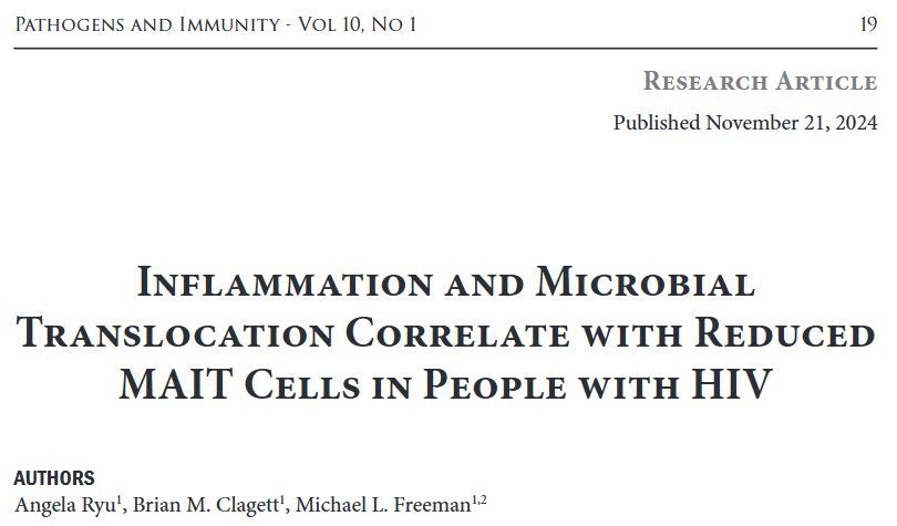 paijournal's tweet image. Read this recently published article from Ryu and colleagues investigating the relationship between inflammation and microbial translocation and #MAITCells in people with #HIV. Find the full article here: buff.ly/4gKjrYX