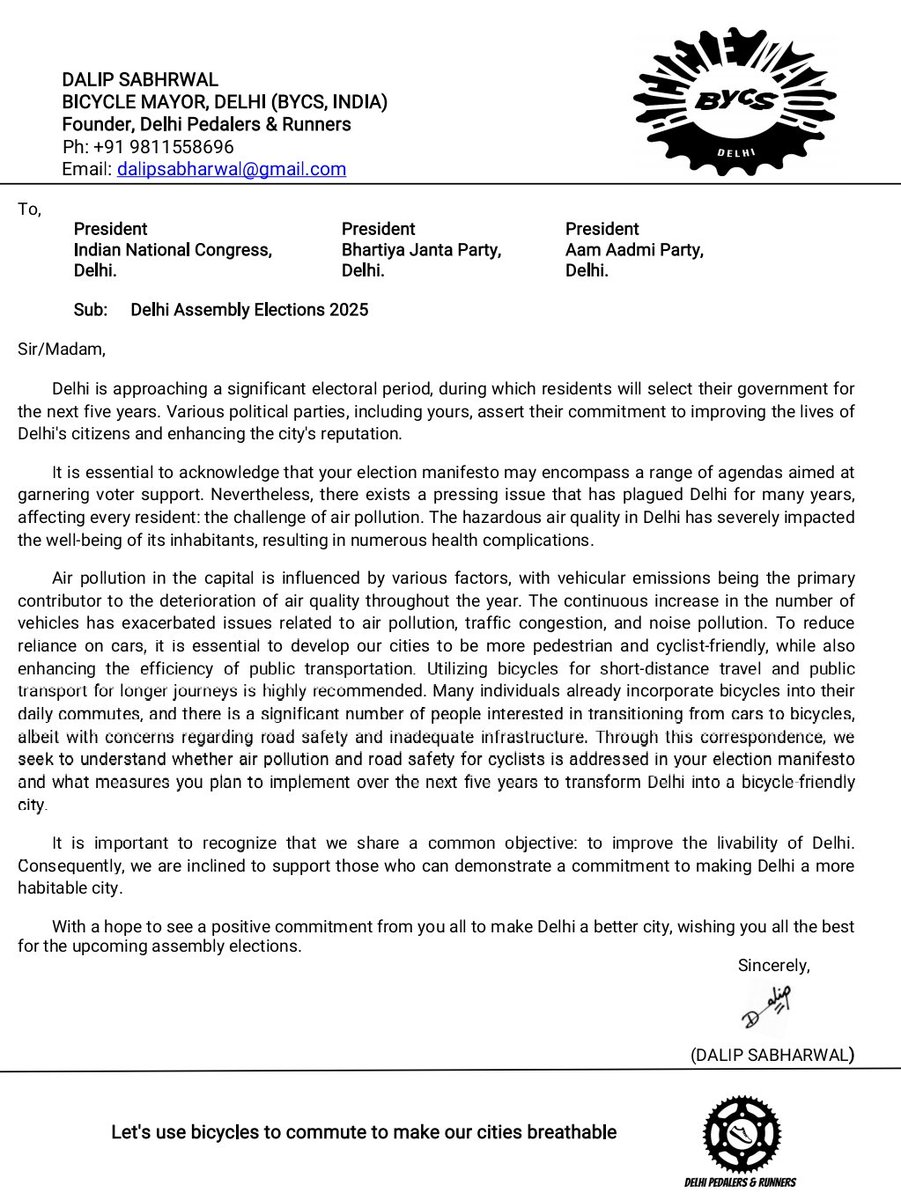 Open letter to all the three major political parties who tend to rule (serve) Delhi for the next 5 years.

Is air pollution or road safety your priority?

We are inclined to support those who can commit to make Delhi a liveable and breathable city.
<a href="/INCDelhi/">Delhi Congress</a> <a href="/AAPDelhi/">Aam Aadmi Party Delhi</a> <a href="/BJP4Delhi/">BJP Delhi</a>