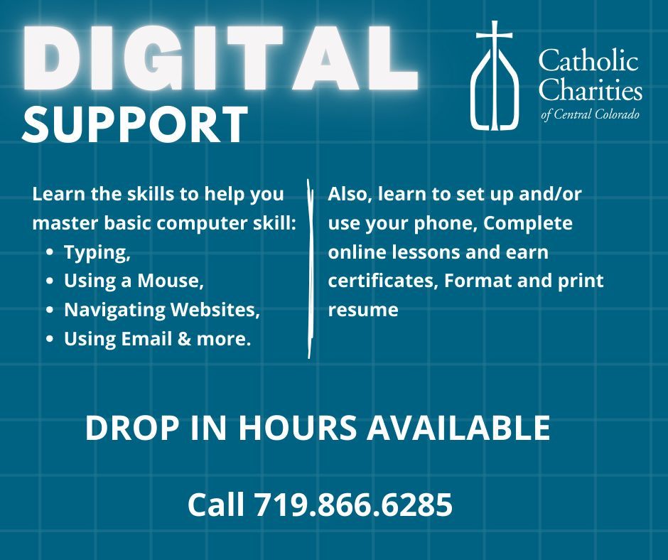 CCharitiesCC's tweet image. Our Drop-In Hours let you focus on exactly what you need! Whether it&apos;s typing, using a mouse, navigating websites, managing email, setting up your phone, or even earning online certificates.

Learn more 719-866-6285

#CCharirtiesCC #HopeStartsWithYou #ClientServices