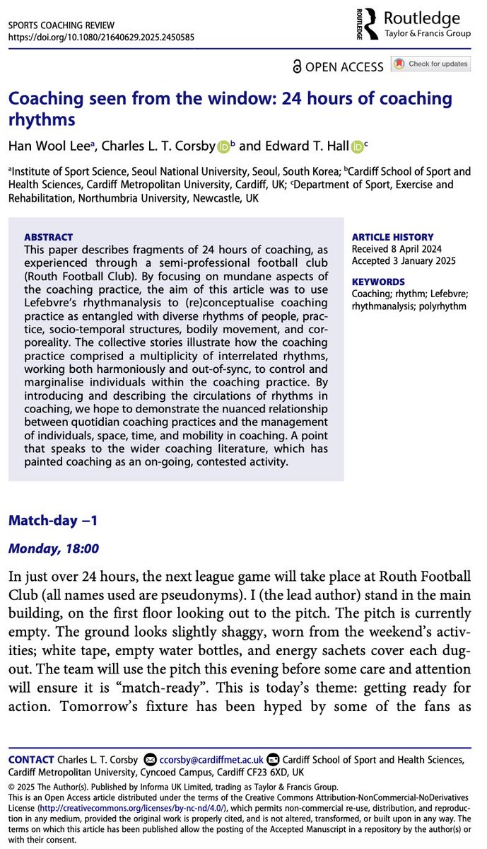 SportsCoachingReview (@sportscoachingr) on Twitter photo ‘Coaching seen from the window: 24 hours of coaching rhythms’
Han Wool Lee, <a href="/CharlieCorsby/">Charlie Corsby</a> & Ed Hall’s latest paper is available open access <a href="/tandfsport/">Routledge Sport, Leisure, and Tourism</a>;
doi.org/10.1080/216406… ‘Coaching seen from the window: 24 hours of coaching rhythms’
Han Wool Lee, <a href="/CharlieCorsby/">Charlie Corsby</a> & Ed Hall’s latest paper is available open access <a href="/tandfsport/">Routledge Sport, Leisure, and Tourism</a>;
doi.org/10.1080/216406…