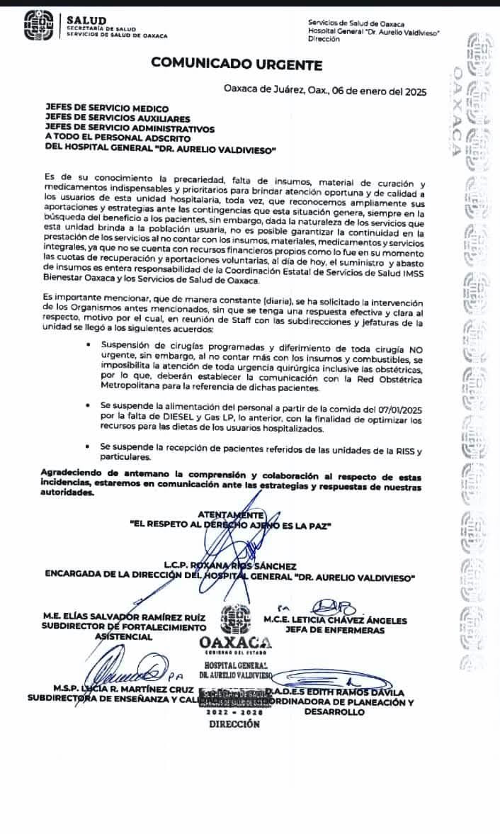 La precariedad es la norma en los hospitales públicos mexicanos. La queja de las autoridades del Hospital General de Oaxaca es sólo una muestra, gracias a autoridades valientes que la revelan, pero no es un caso único.
Debemos exigirle a las cámaras mayor inversión en Salud.