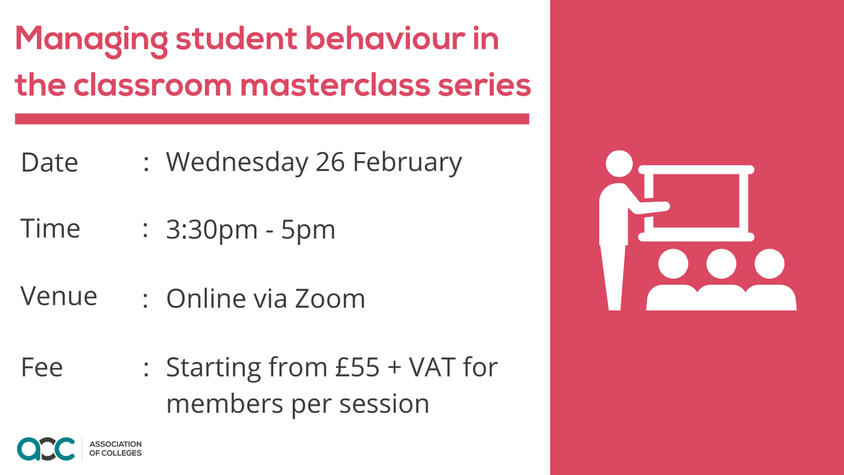 Join us for our masterclass series on managing student behaviour in the classroom. Claire Callow, Teacher Trainer and Education Consultant, will explore adolescent brain development and strategies to resolve conflict in post-16 classrooms.

Book now:
aoc.co.uk/events-trainin…