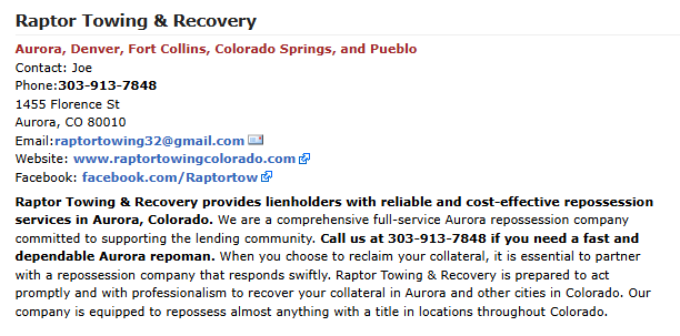 TajLong's tweet photo. This morning, my Repossession Agency Spotlight is on: NEW!!! ***RAPTOR TOWING &amp; RECOVERY 303-913-7848***an AURORA, COLORADO-based and bonded REPOSSESSION AGENCY covering Aurora, Denver, Fort Collins, Colorado Springs, Peyton, Pueblo and more  Taj Told You on the Repo Directory! https://t.co/9FCXDJXpig