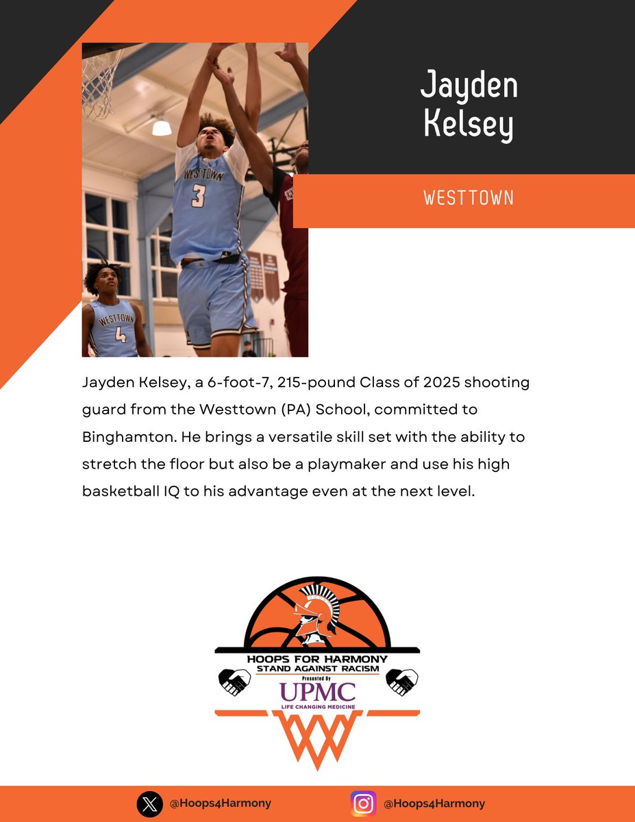 Jayden Kelsey from Westtown is a versatile shooting guard to watch at #HoopsForHarmony! A 6’7” Class of 2025 standout and Binghamton commit, he stretches the floor, makes plays, and uses his high basketball IQ to dominate. 🌟🏀