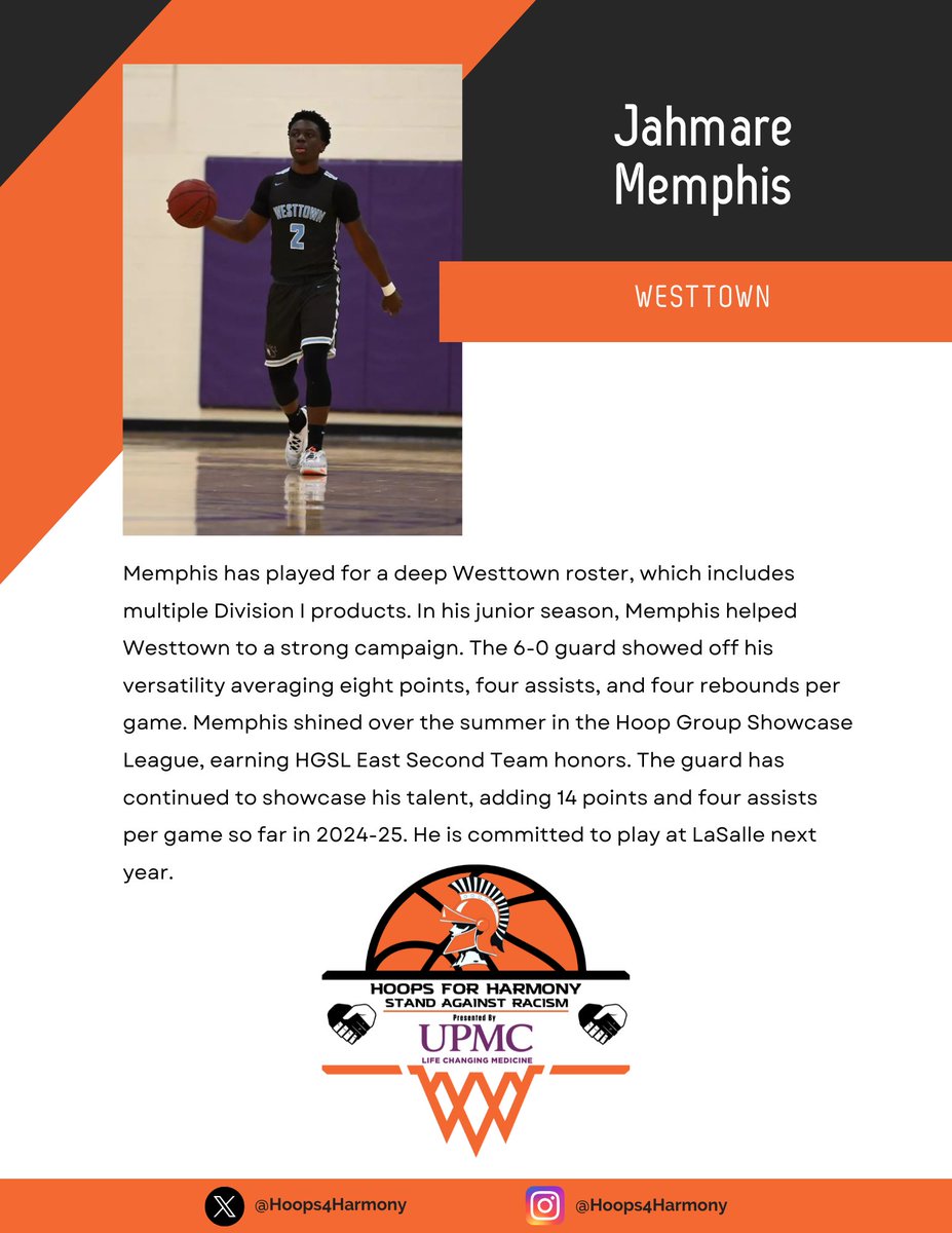 Jahmare Memphis from Westtown is a versatile guard to watch at #HoopsForHarmony! Committed to La Salle, he’s a playmaker averaging 14 PPG and 4 APG this season, building on a strong junior year and HGSL East Second Team honors. 🌟🏀