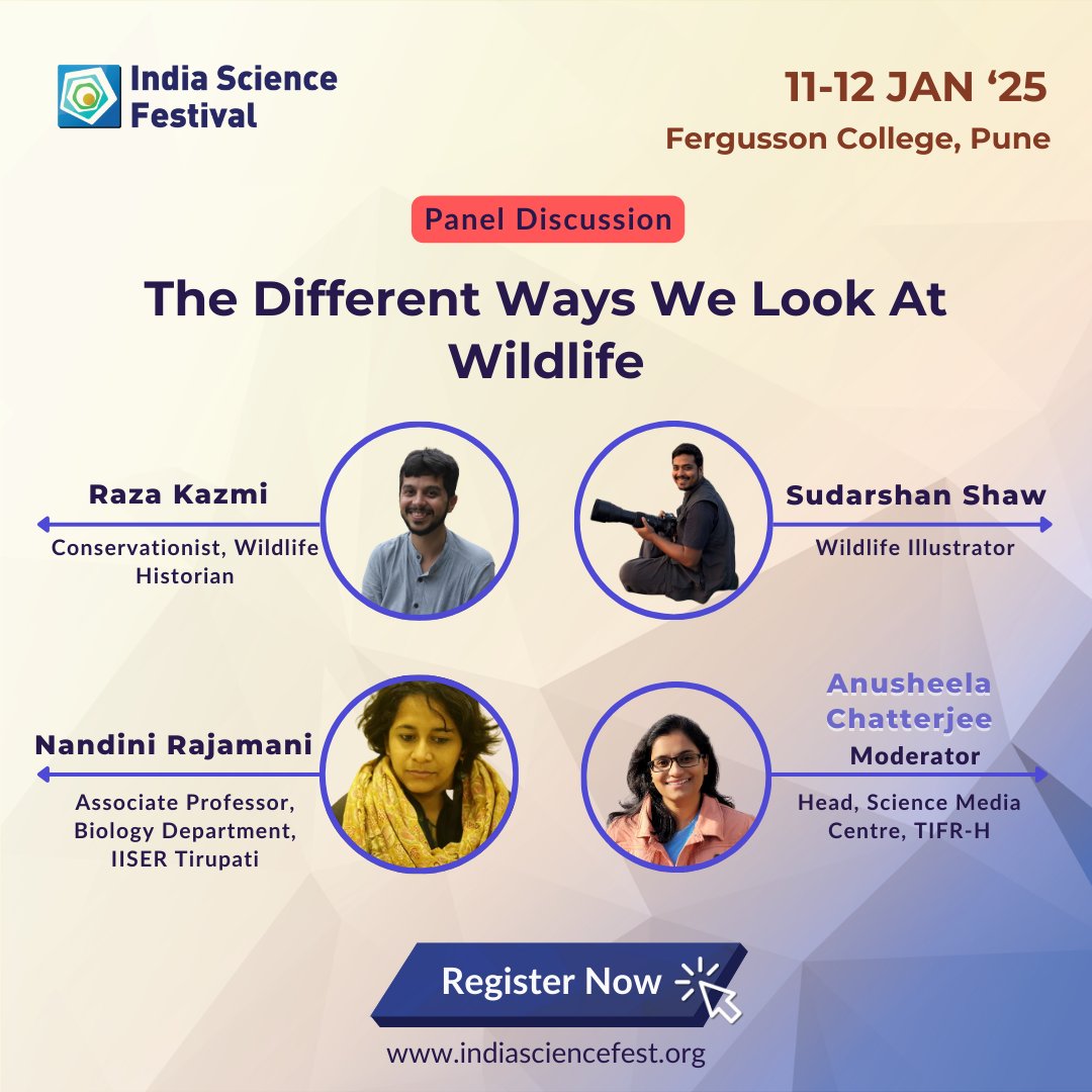 IndSciFest's tweet image. Explore how science and art shape our understanding of wildlife and conservation, balancing romanticized views and scientific approaches to influence policies and harmonize human livelihoods with animal welfare at #ISF2025.

Register: indiasciencefest.org/isf-2025/