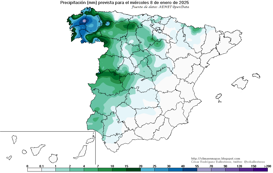 crballesteros's tweet photo. #ClimaEnMapas. Precipitación prevista para hoy y mañana, elaborada con la predicción horaria por municipios de #AemetOpenData
Más información en: https://t.co/Ybb01g4abA https://t.co/7S0lSCAHLn