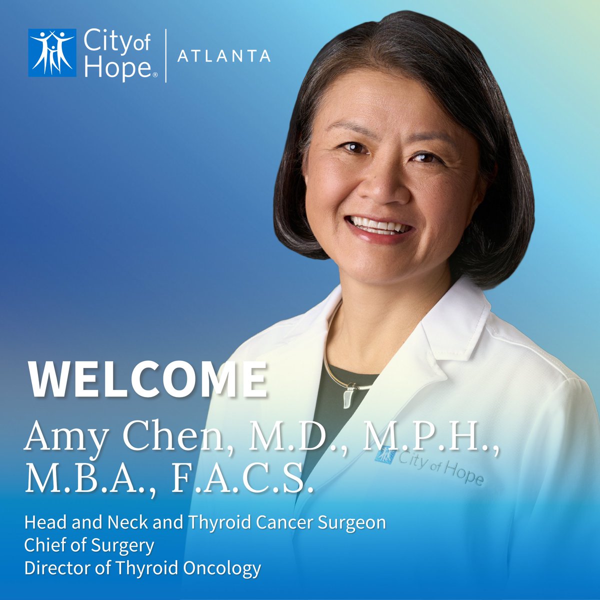 KHigginsMD's tweet image. We are so excited to welcome Dr. Amy Chen to our City of Hope Atlanta team!
cityofhope.org/amy-chen