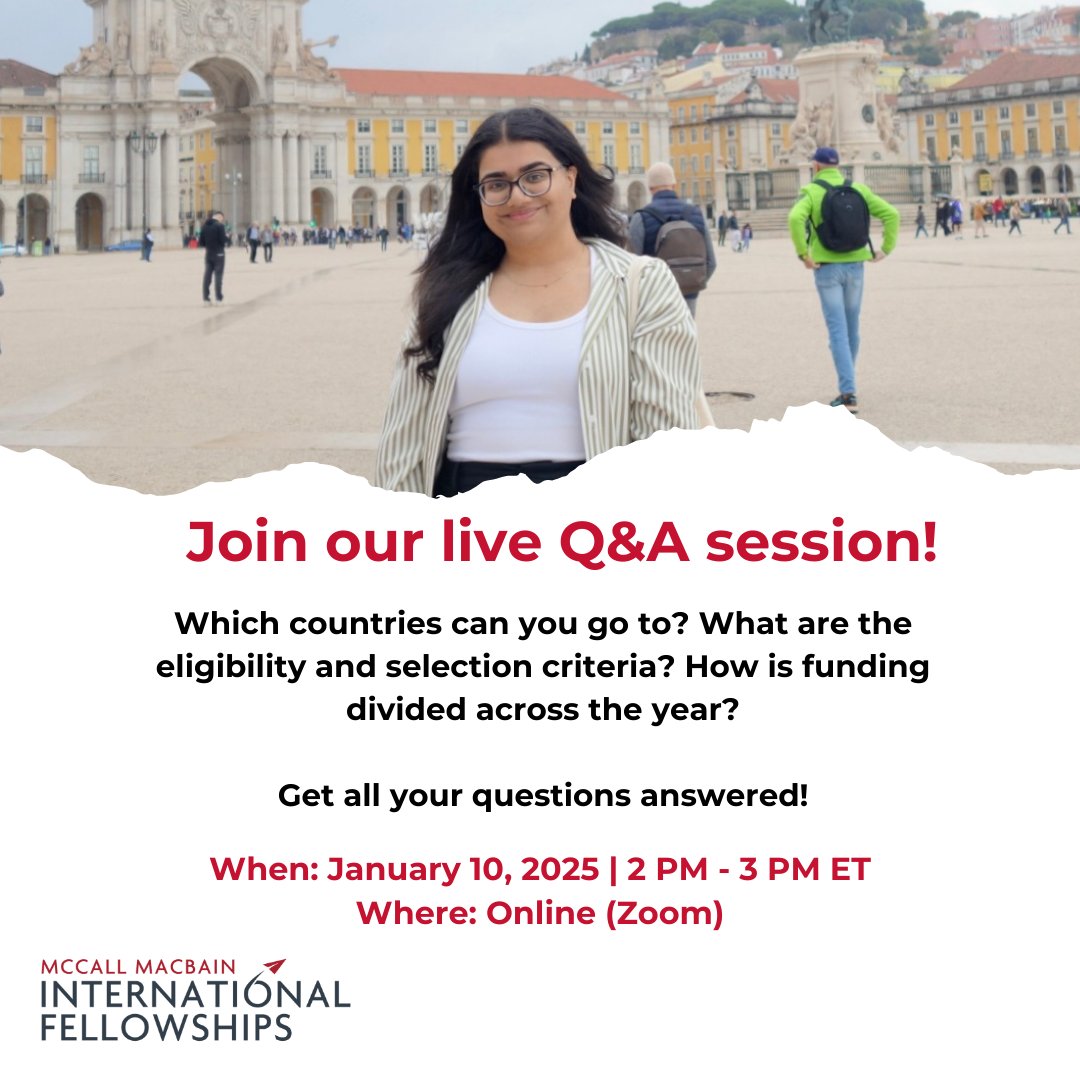McCall MacBain Foundation (@mccallmacbain) on Twitter photo Join our online Q&A session to learn more about the application process, designing your year abroad, funding, support, and more. Register here to book your place: us02web.zoom.us/webinar/regist…
Applications are due by January 13, 2025!
<a href="/McGillAbroad/">McGillAbroad</a> <a href="/DalhousieU/">Dalhousie University</a> <a href="/McMasterU/">McMaster University</a> <a href="/umanitoba/">University of Manitoba</a> Join our online Q&A session to learn more about the application process, designing your year abroad, funding, support, and more. Register here to book your place: us02web.zoom.us/webinar/regist…
Applications are due by January 13, 2025!
<a href="/McGillAbroad/">McGillAbroad</a> <a href="/DalhousieU/">Dalhousie University</a> <a href="/McMasterU/">McMaster University</a> <a href="/umanitoba/">University of Manitoba</a>