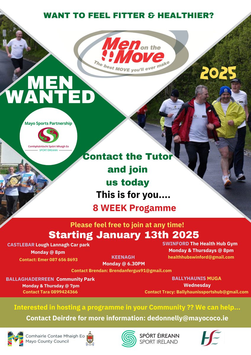 Mayo Sports Pship (@mayosport1) on Twitter photo 🙆♂️Mayo Men on the Move 2025🙍♂️
📅Starts back week Commencing January 13th.
🌟Now in a number of Locations!!
Simply Contact the listed Tutor on the poster and come along.
Contact Deirdre on dedonnelly@mayococo.ie for more information.
...The best move you will ever make !!! 🙆♂️Mayo Men on the Move 2025🙍♂️
📅Starts back week Commencing January 13th.
🌟Now in a number of Locations!!
Simply Contact the listed Tutor on the poster and come along.
Contact Deirdre on dedonnelly@mayococo.ie for more information.
...The best move you will ever make !!!
