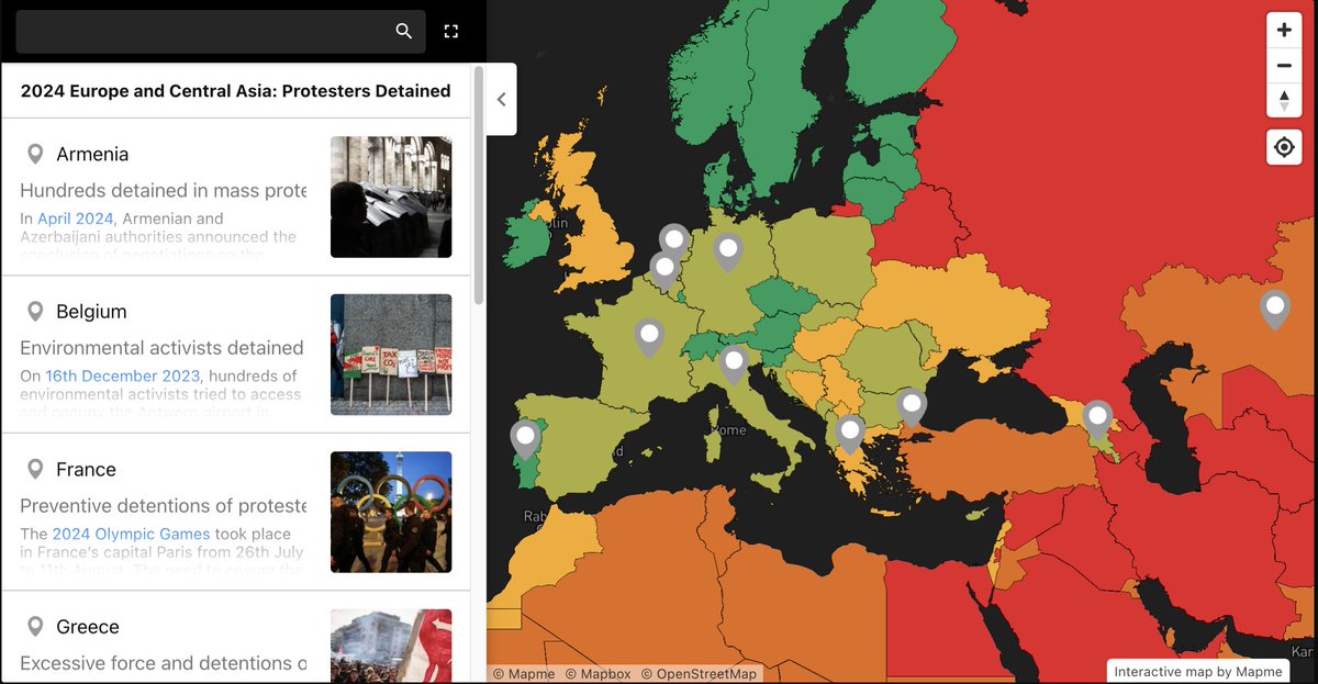 Over the past year, the detention of protesters was documented in over 20 countries across the #Europe and #CentralAsia region.

A selection of case studies from #PeoplePower2024 report 🔴🟡🟢: web.civicus.org/ECA2024