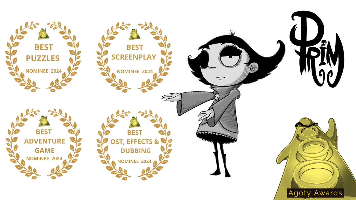 PRIM Adventure Game ➡️ OUT NOW! (@prim_adventure) on Twitter photo Reapers!
PRIM has been nominated for 4 (!) <a href="/AgotyAwards/">AGOTY Awards</a>! 🖤
💀 Best Puzzles
💀 Best Screenplay
💀 Best Audio
💀 Best Adventure Game
We're so happy :) Btw, the other nominees are just amazing! Reapers!
PRIM has been nominated for 4 (!) <a href="/AgotyAwards/">AGOTY Awards</a>! 🖤
💀 Best Puzzles
💀 Best Screenplay
💀 Best Audio
💀 Best Adventure Game
We're so happy :) Btw, the other nominees are just amazing!