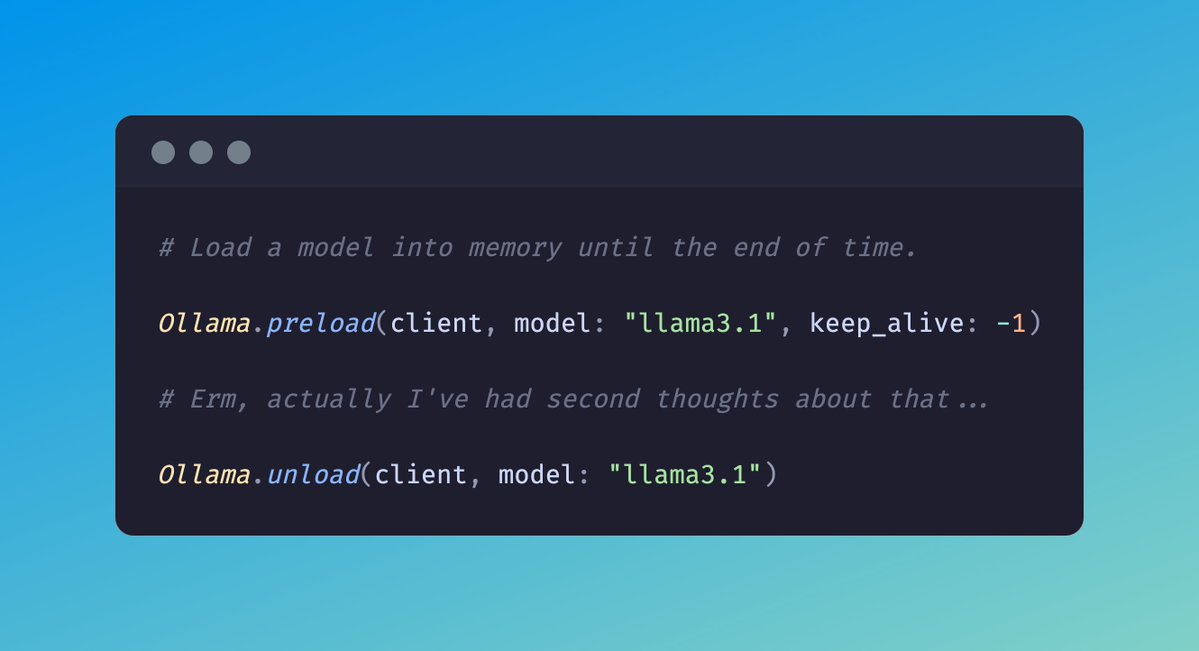 aaronrussell's tweet image. Just released a nice little update to Ollama-ex.
1. Finally, generate structured outputs by passing a JSON schema in the request (requires @ollama >= 0.5)
2. Preload and unload models from memory, because why not
github.com/lebrunel/ollam…
#MyElixirStatus