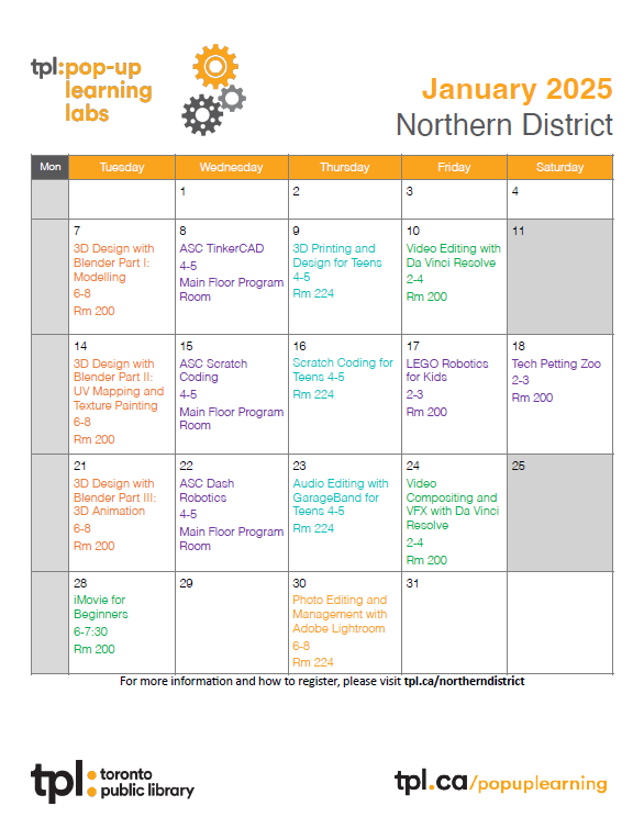 Northern District is hosting the Pop-up Learning Lab for the month of January! Have a look at the great line-up of programs we're offering!