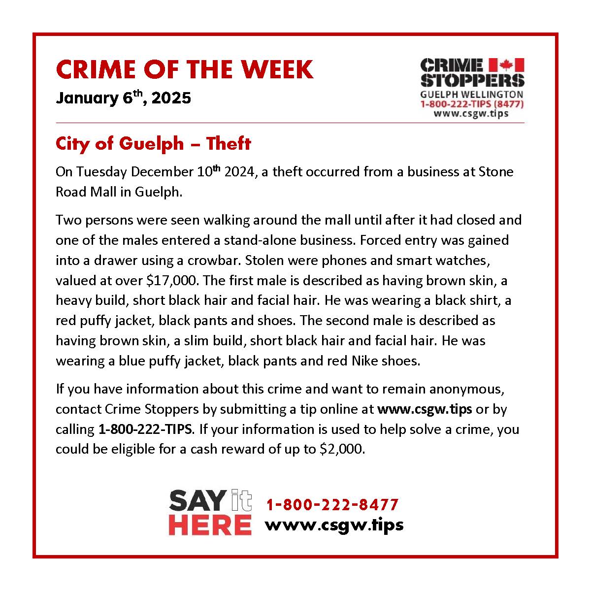 CSGWtips's tweet image. What information do you have regarding this #Theft from a @stoneroadmall business?

#SayItHere 1-800-222-TIPS csgw.tips 

Anonymous and confidential. If your info leads to an arrest you may be eligible for a cash reward of up to $2,000.

#Guelph