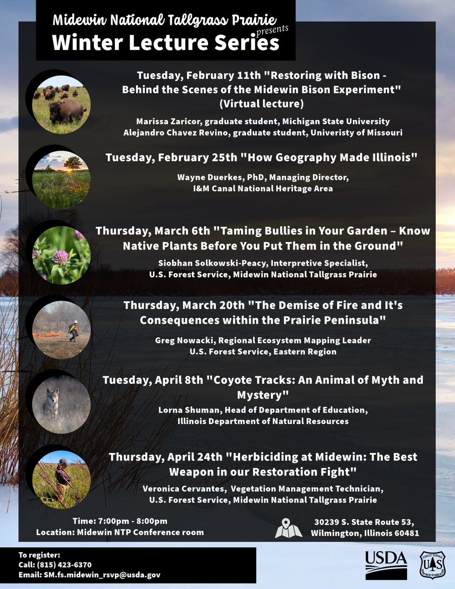Midewin NTP's Winter Lecture Series is back for 2025!

Please join us for these entertaining and thought-provoking presentations at the Midewin NTP Welcome Center with the exception of one virtual lecture. Registration link coming soon.