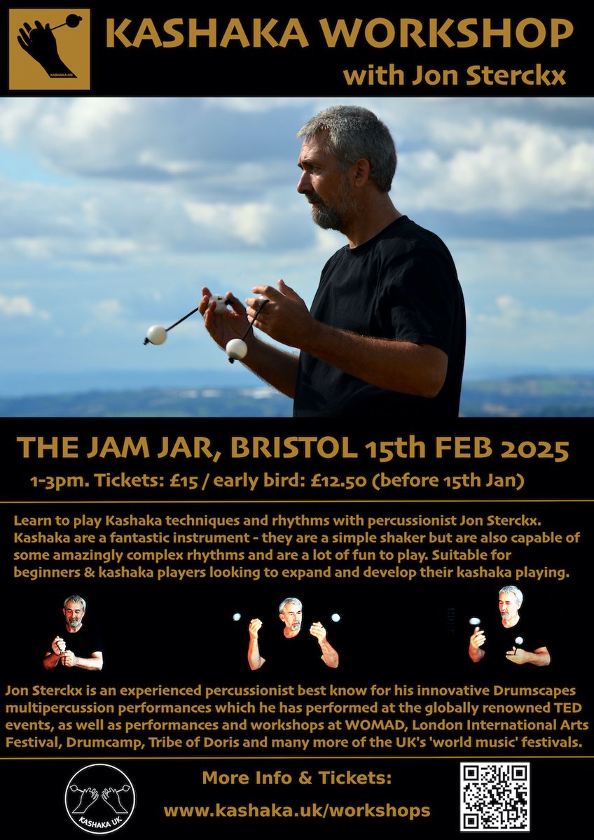 Kashaka Workshop - Jam Jar Bristol 15th Feb. 
Learn to play Kashaka with percussionist Jon Sterckx. Suitable for beginners &amp; players looking to expand and develop their kashaka playing.
kashaka.uk/product/worksh… #kashaka #asalato #cascas #workshop #percussion #rhythm #bristol #uk