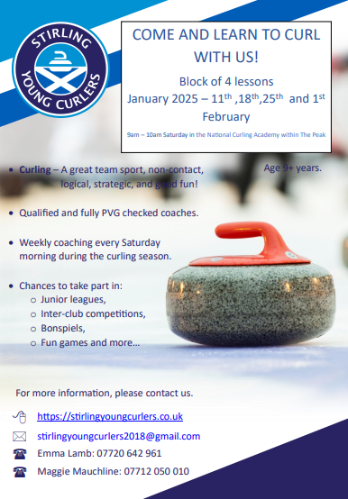 Stirling Young Curlers are hosting their latest block of come and try sessions over the next 4 weeks and starting this Saturday (Jan 11th). 

Please see all of the details and info for signing up in the poster below.