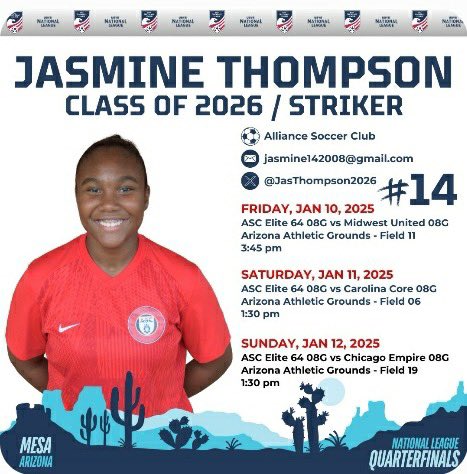 JasThompson2026's tweet image. Heading to some warmer weather at the @NationalLeague Elite 64 quarterfinals in Mesa, AZ!
Can't wait to get back out onto the field with my @AllianceSC_08G team!
Coaches - hope you can make it out to our games!
@ImCollegeSoccer @NEGARecruits @ImYouthSoccer @jtownsoccer
