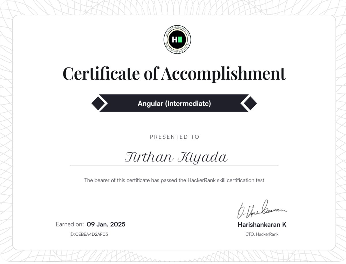 TKiyada's tweet image. 🙏 Jay Mataji 🚀

Leveled up! 🏆 Passed @hackerrank&apos;s @angular Skill Certifications (Basic &amp;amp; Intermediate)

✅ Mastered:
• Component Development
• @typescript
• Routing
• Observables

Continuous learning in web dev! 💻🔥 #Angular #WebDevelopment #TechCertification