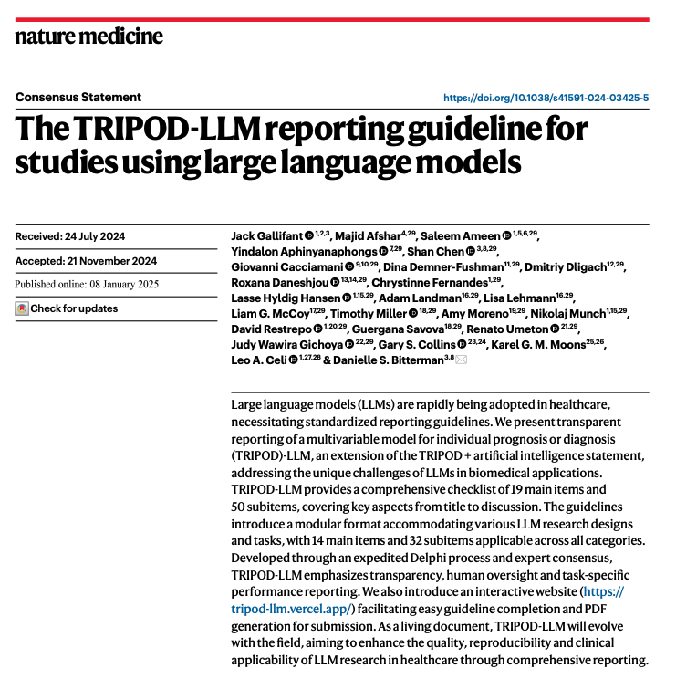Danielle Bitterman, MD (@dbittermanmd) on Twitter photo TRIPOD-LLM is out! Check out our consensus guidelines for reporting #LLM research in biomedicine. TRIPOD-LLM is intended to be a living guideline to keep up with the rapid advances in #LLMs/Gen AI. Kudos to lead author <a href="/JackGallifant/">jack gallifant</a> TRIPOD-LLM is out! Check out our consensus guidelines for reporting #LLM research in biomedicine. TRIPOD-LLM is intended to be a living guideline to keep up with the rapid advances in #LLMs/Gen AI. Kudos to lead author <a href="/JackGallifant/">jack gallifant</a>