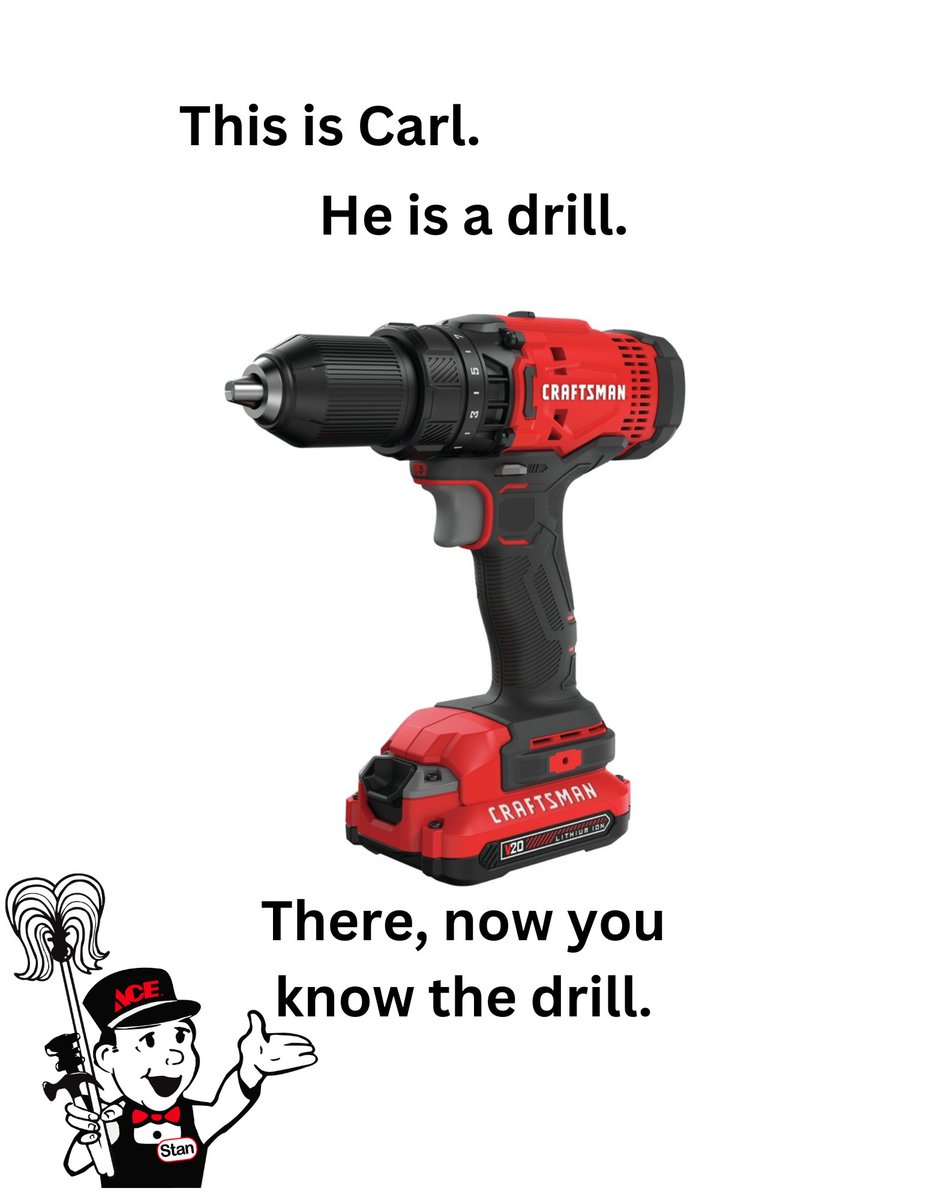 AntiochAce's tweet photo. A Craftsman V20 1/2 in. Brushed Cordless Drill, to be precise. 😁 #DadJokes #MoreThanAHardwareStore #MyLocalAce #HumpDayHumor https://t.co/vFypJafKqy