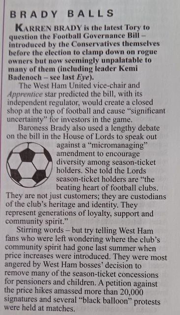 SaveConcessions's tweet image. 🚨 @karren_brady + @WestHam featured in @PrivateEyeNews 🚨

Our black bubbles / #StopExploitingLoyalty campaign has now been featured in nearly all the major media outlets - @MailOnline, @guardian_sport, @henrywinter, @BBCSport, @talkSPORT to name just a few. 

We know there’s a…