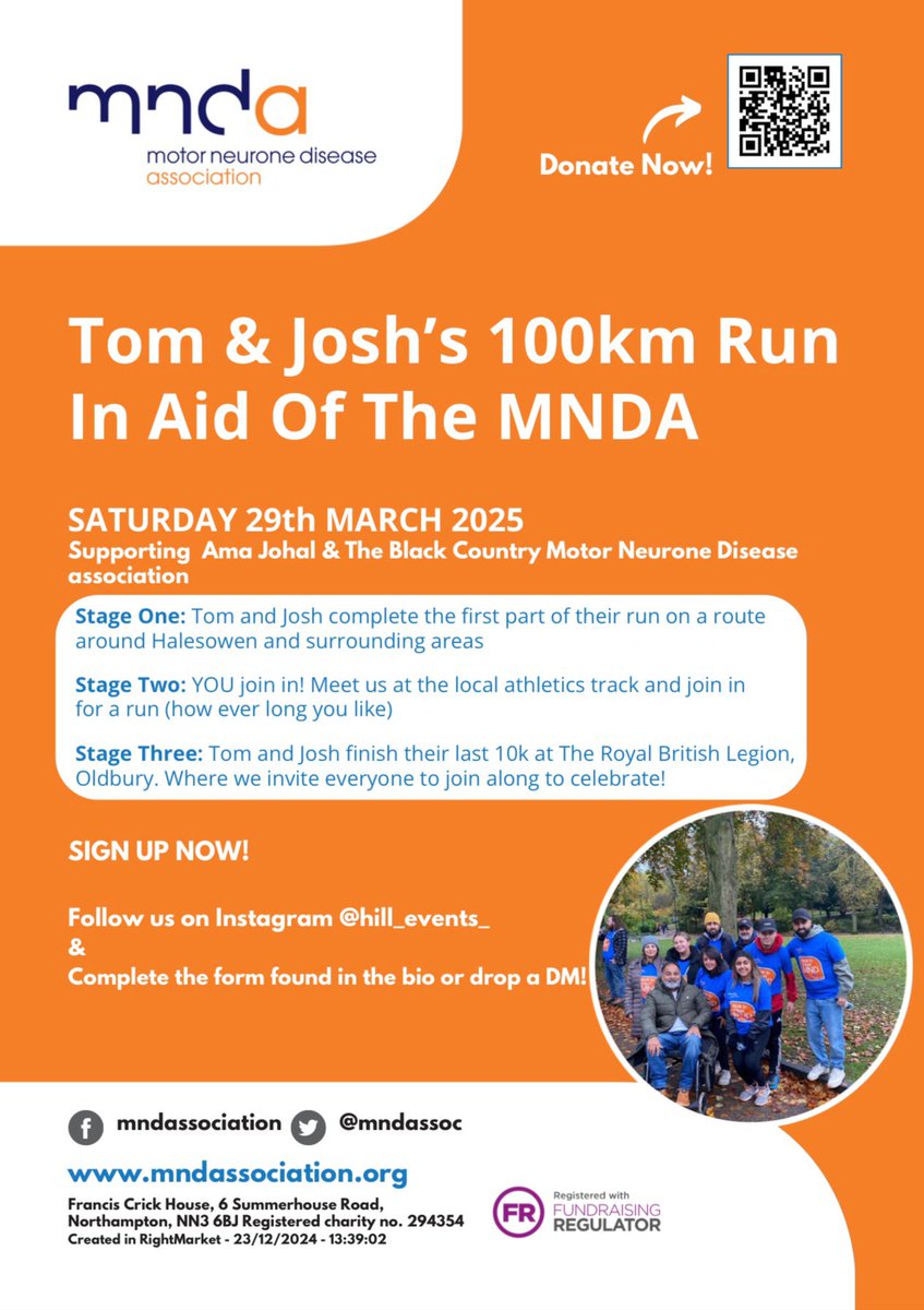 Calling all runners!!
Tom and Josh are challenging themselves to run 100km on 29th March in support of  Ama Johal and The Black Country Group MND Association.
To support please see the link below!
justgiving.com/page/mnda-100k…...