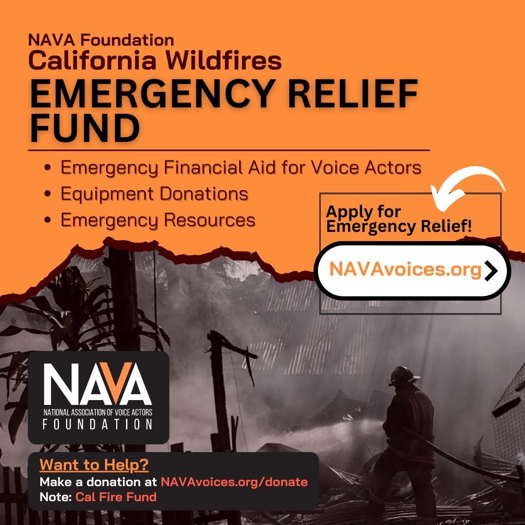 NAVAVOICES's tweet photo. California Wildfire Relief Fund
Our VO community in LA is reeling from the devastating California wildfires. 
NAVA has set up a California Wildfire Relief Fund where those affected can apply for relief. If you are able, you can also donate to help those affected. LINK IN BIO or visit https://t.co/QgsXJQ3WGV
All donations are tax-deductible and will go directly to helping voice actors and their families recover. All requests for assistance and donations are confidential. 

It’s times like this when the VO Community is strongest. The NAVA Foundation will do everything in our power to help those in need. We are sending strength to our whole industry.