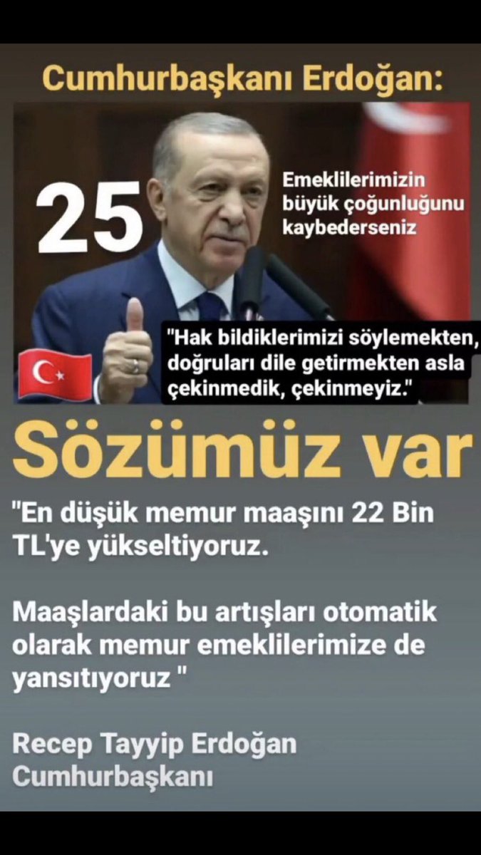 Aysun Kaymak (@aysunkayma89276) on Twitter photo Sayın Cumhurbaşkanım,#EmekliMemur a 20 Aydır Seçim Meydanlarında Verdiğiniz Sözü Tutmadığınız İçin, Memur Emeklisini çok üzdünüz ve hayal kırıklığına uğrattınız.Lütfen artık sesimizi duyun.
#MemurEmeklisineAdalet
<a href="/RTErdogan/">Recep Tayyip Erdoğan</a>
<a href="/tcbestepe/">T.C. Cumhurbaşkanlığı</a>
<a href="/memetsimsek/">Mehmet Simsek</a>
<a href="/MHP_Bilgi/">MHP</a>
<a href="/dbdevletbahceli/">Devlet Bahçeli</a> Sayın Cumhurbaşkanım,#EmekliMemur a 20 Aydır Seçim Meydanlarında Verdiğiniz Sözü Tutmadığınız İçin, Memur Emeklisini çok üzdünüz ve hayal kırıklığına uğrattınız.Lütfen artık sesimizi duyun.
#MemurEmeklisineAdalet
<a href="/RTErdogan/">Recep Tayyip Erdoğan</a>
<a href="/tcbestepe/">T.C. Cumhurbaşkanlığı</a>
<a href="/memetsimsek/">Mehmet Simsek</a>
<a href="/MHP_Bilgi/">MHP</a>
<a href="/dbdevletbahceli/">Devlet Bahçeli</a>