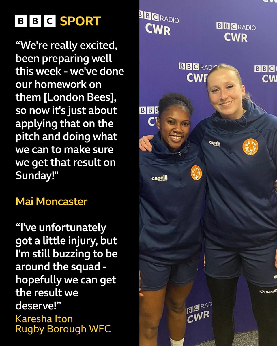 BBC Sport Coventry & Warwickshire (@bbccwrsport) on Twitter photo #AdobeWomensFACup fourth round action this Sunday! ππ
Hear from <a href="/RugbyBoroughWFC/">Rugby Borough Women FC</a>'s Mai Moncaster and Karesha Iton, ahead of the their BIG cup tie against <a href="/LondonBees/">London Bees π</a>! π
π§: bbc.in/4ahcE6E
#RBWFC β½ #AdobeWomensFACup fourth round action this Sunday! ππ
Hear from <a href="/RugbyBoroughWFC/">Rugby Borough Women FC</a>'s Mai Moncaster and Karesha Iton, ahead of the their BIG cup tie against <a href="/LondonBees/">London Bees π</a>! π
π§: bbc.in/4ahcE6E
#RBWFC β½