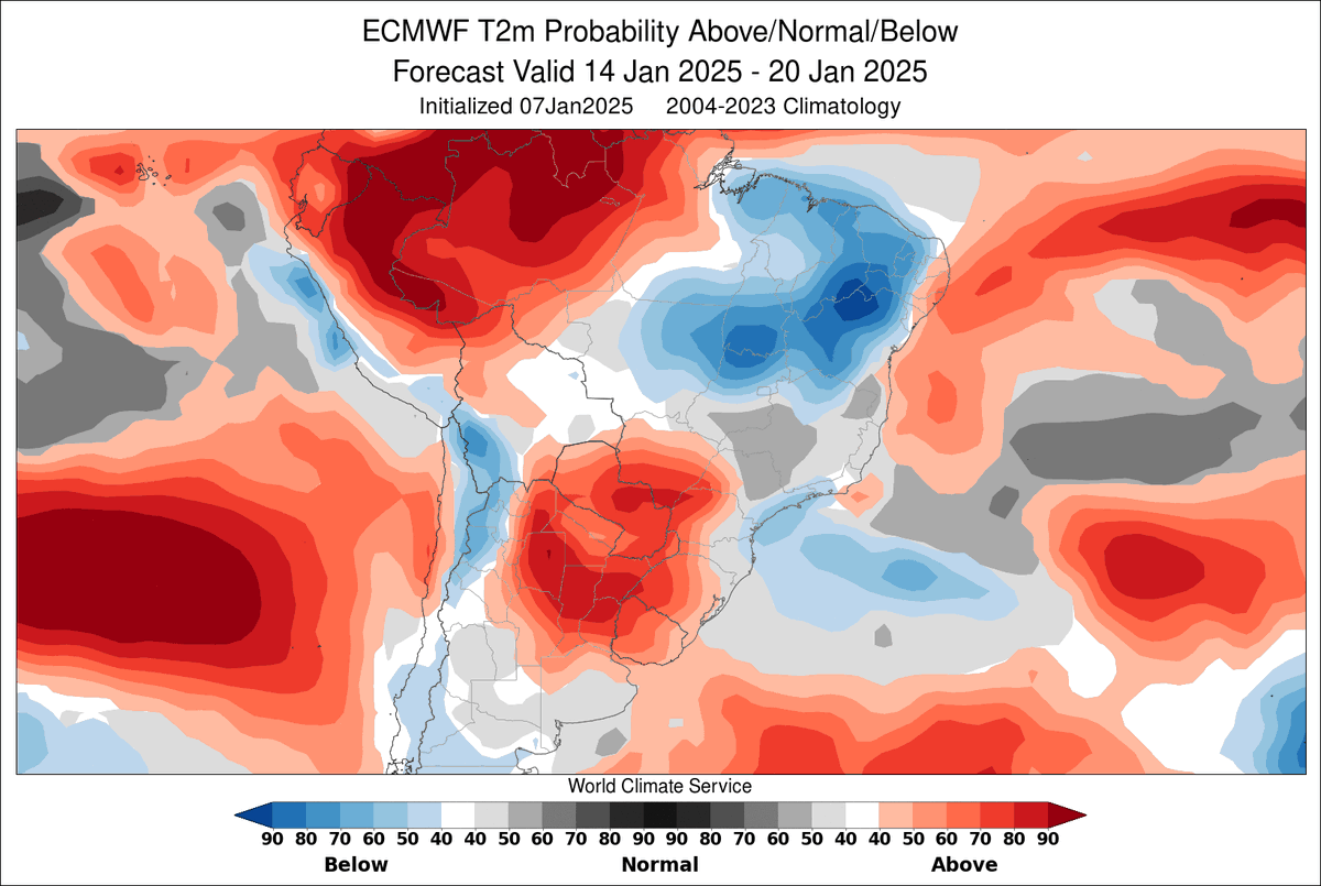CropProphet's tweet photo. Using the @WorldClimateSvc, the week 2 ECMWF probability forecast (valid Jan 14 - Jan 20) shows a dangerous combination of increased chances of drier than normal precip and warmer than normal 2m temps. What does week 3 look like (see below)?
#oatt #Argentina #agwx #GrainTraders https://t.co/PLPT01sDj9