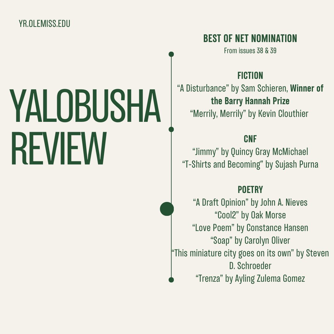 YR is thrilled to announce our Best of the Net nominations! Visit our website to read the incredible work of these talented writers. Congratulations to all!

We are currently open for submissions, so don’t hesitate to share your work with us!