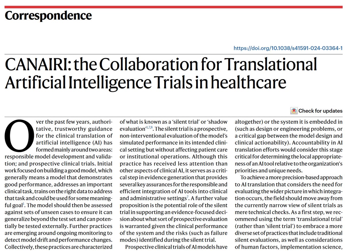 Xiao Liu (@drxiaoliu) on Twitter photo CANAIRI - Collaboration for AI Translational Trials - takes flight!🪽 <a href="/NatureMedicine/">Nature Medicine</a>
We will define: how to take a sociotechnical approach to responsible #AI integration. Spearheaded by my awesome co-lead <a href="/MMccradden/">Melissa McCradden</a>🐦
nature.com/articles/s4159… CANAIRI - Collaboration for AI Translational Trials - takes flight!🪽 <a href="/NatureMedicine/">Nature Medicine</a>
We will define: how to take a sociotechnical approach to responsible #AI integration. Spearheaded by my awesome co-lead <a href="/MMccradden/">Melissa McCradden</a>🐦
nature.com/articles/s4159…