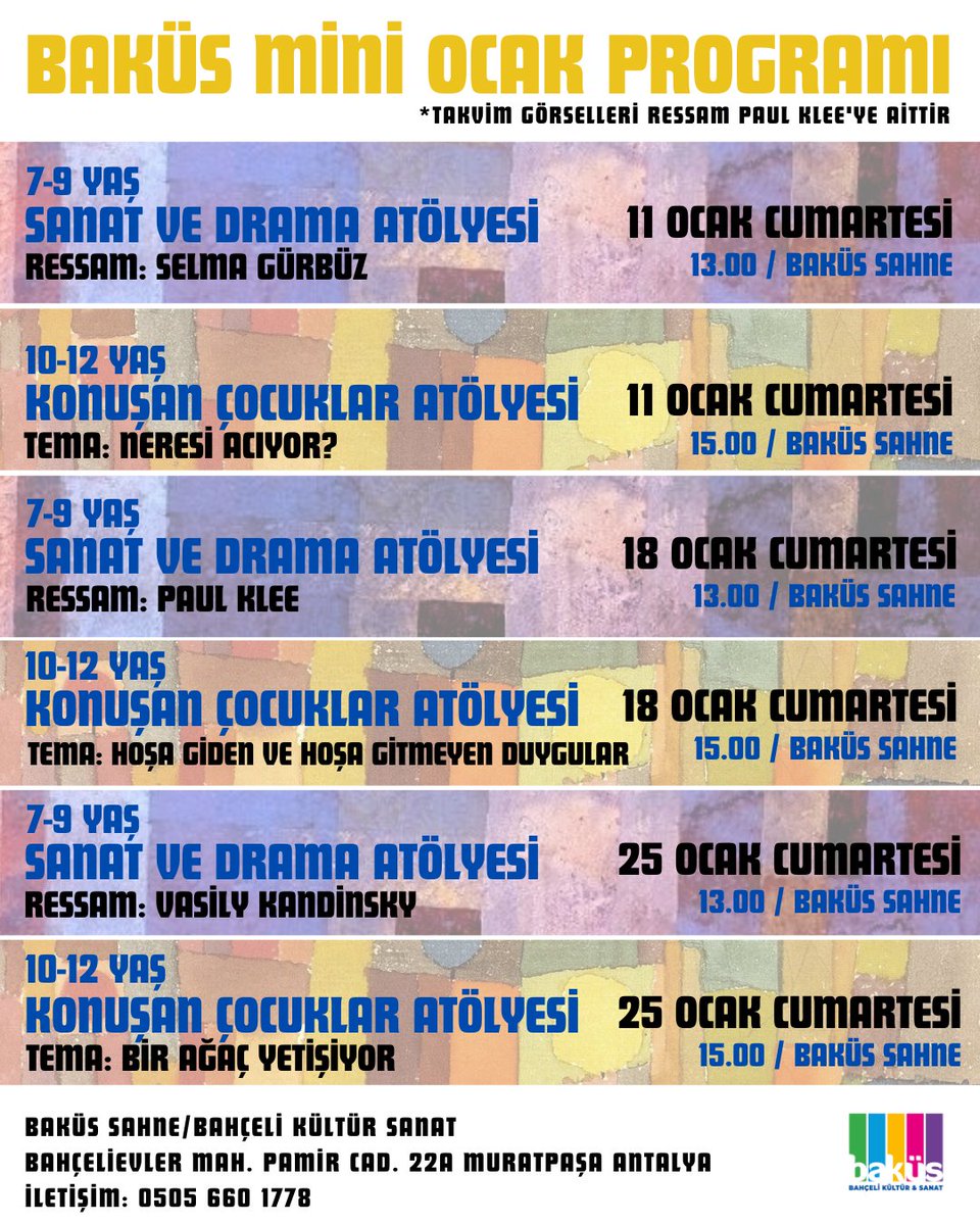 Baküs Sahne Ocak Ayı Programı Huzurlarınızda 💫

Biletler <a href="/biletinial/">Biletinial</a> 'da ve Baküs Sahne Gişesinde 🎫

İletişim: 0505 660 1778

#baküssahne #baküsmini #bakusfilmlaboratuvarı #bakusoyunlab