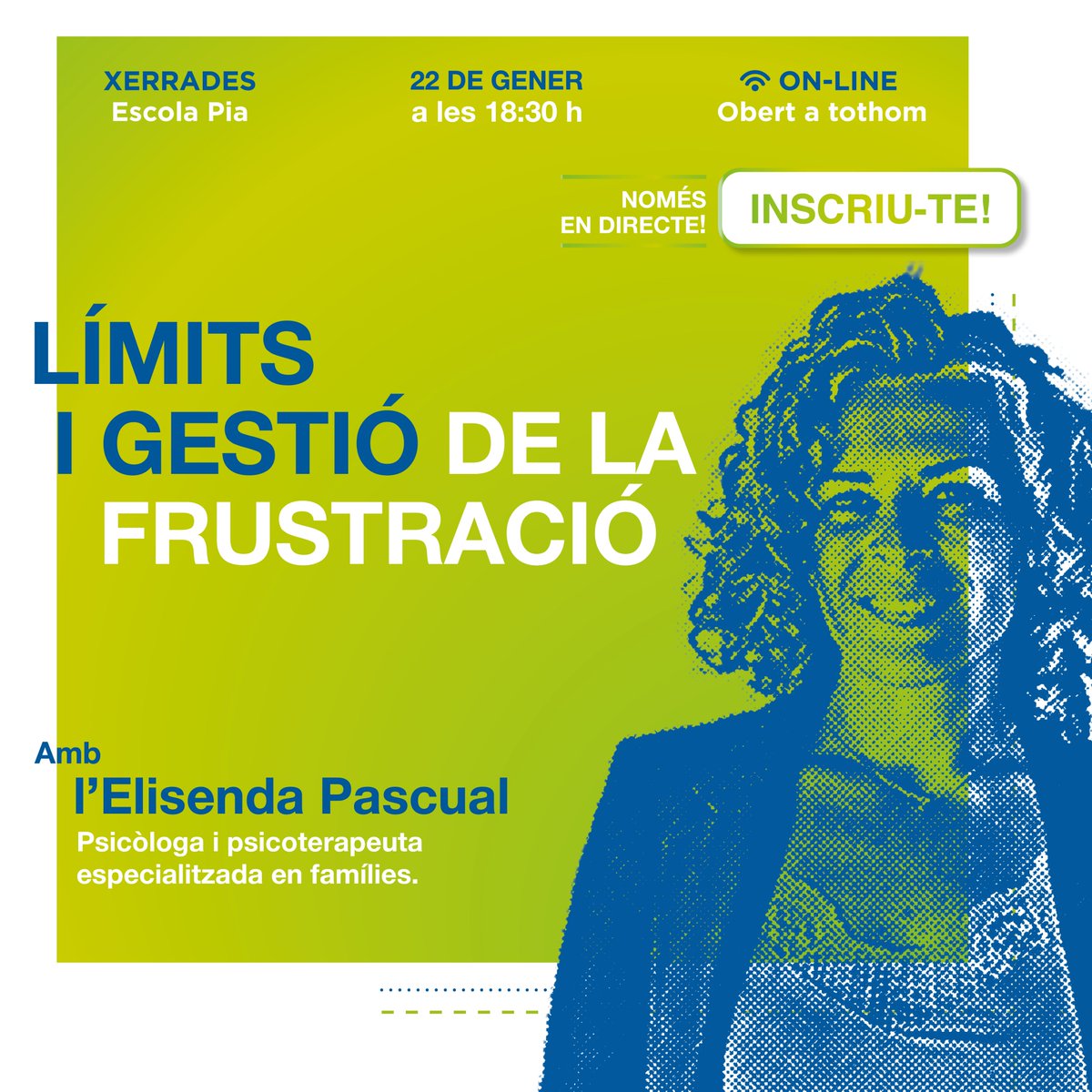 Us convidem a la pròxima xerrada Escola Pia sobre   límits i gestió de la frustració dels nostres infants i joves. 

La psicòloga Elisenda Pascual ens ho explicarà en una xerrada en línia.

Inscriu-te a: forms.gle/KKvhUbrPLUhRjw…
🗓️ Data: 22 de gener
⏰Hora: 18:30 h a 20:00 h