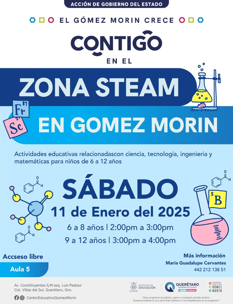 educacionqro's tweet image. 🌟 ¡Explora la Zona STEAM en el @CECEQGomezMorin !

Te invitamos a participar en los talleres de Ciencia, Tecnología, Ingeniería, Arte y Matemáticas, diseñados para fomentar la curiosidad y el aprendizaje en los más pequeños. 🚀✨

📅 Fecha de los Talleres STEAM: 11 enero
📍…