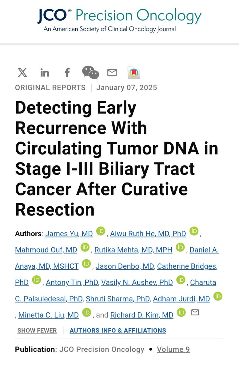 Exciting news! 🎉 Our latest research in <a href="/JCOPO_ASCO/">JCO Precision Oncology</a> explores the potential of circulating tumor DNA (ctDNA) to detect early recurrence in Stage I-III biliary tract cancer after surgery. ascopubs.org/doi/10.1200/PO…
#JCOPO #BiliaryTractCancer #ctDNA #Match2025 #PathTwitter