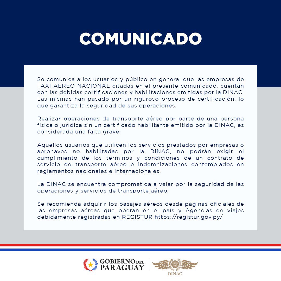 dinacpy's tweet image. ✈️ COMUNICADO OFICIAL 

Lista de empresas de Taxi Aéreo 🛩️ habilitadas por la DINAC.

#DINACPY #taxiaereo #SeguridadEnElAire