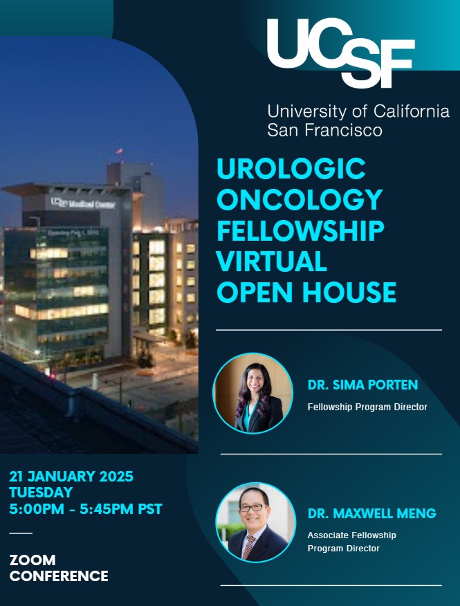 Save-the-Date!
UroOnc Fellowship Virtual Open House
🗓️Tuesday, 1/21/2025
⏰5:00-5:45PM PST
✍️Register here: tiny.ucsf.edu/UCSFUroOnc12125