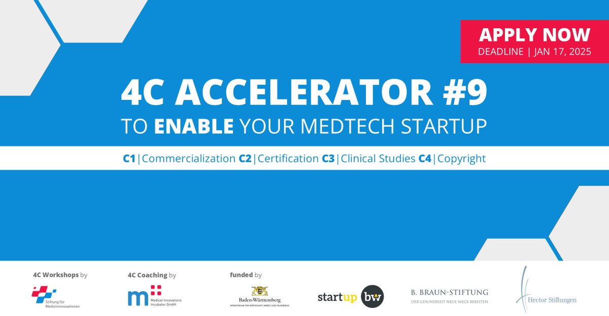Cyber Valley (@cyber_valley) on Twitter photo Medical Innovations Incubator is looking for applicants for its 4C #Accelerator program. Until Jan 17, start-ups working with medical devices, digital health products, and in-vitro diagnostics can apply for the free program 👉 bit.ly/4caccelerator #AI #Startup #Health Medical Innovations Incubator is looking for applicants for its 4C #Accelerator program. Until Jan 17, start-ups working with medical devices, digital health products, and in-vitro diagnostics can apply for the free program 👉 bit.ly/4caccelerator #AI #Startup #Health