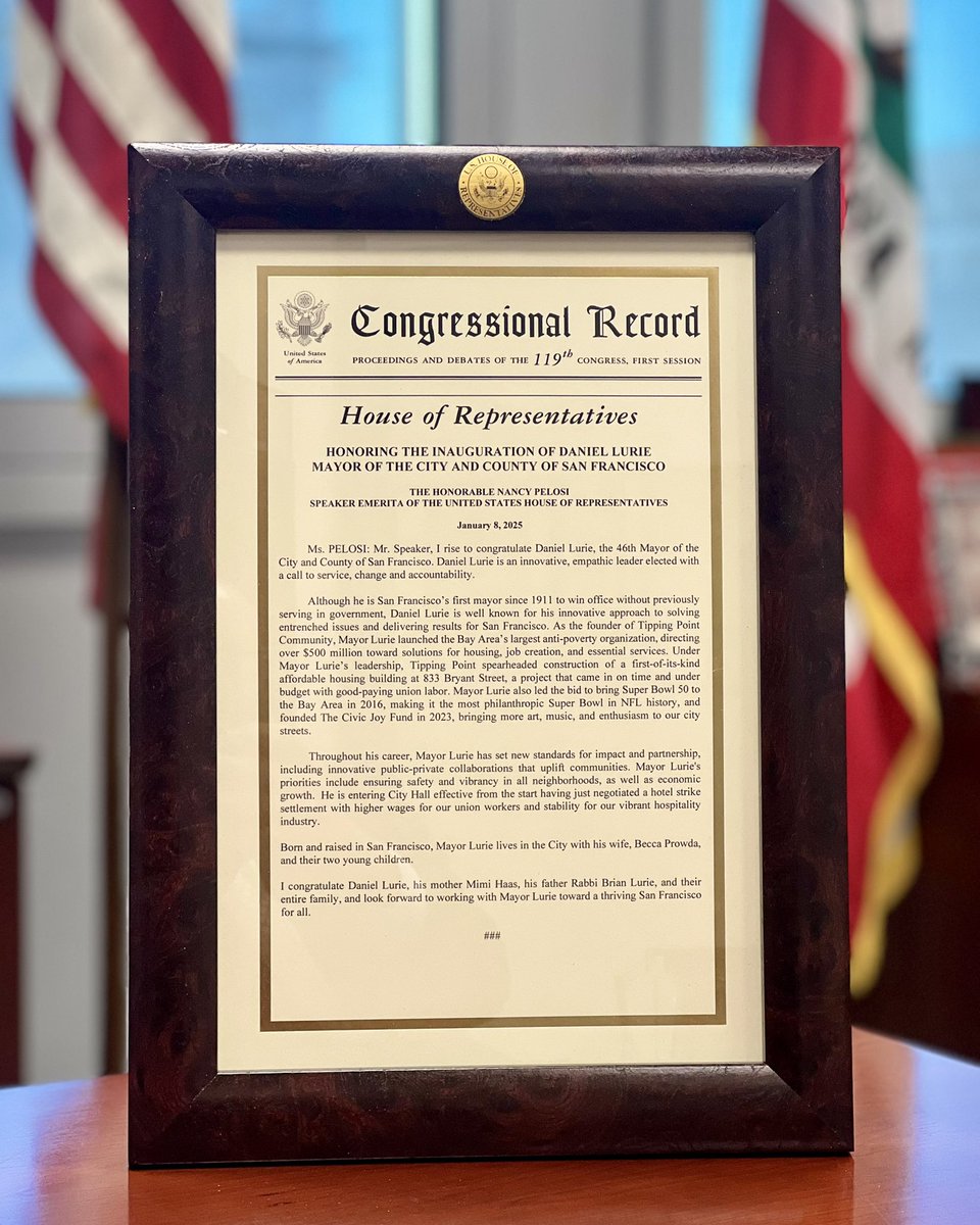 SpeakerPelosi's tweet image. Congratulations, @DanielLurie, 46th Mayor of San Francisco — an innovative, empathic leader elected with a call to service, change and accountability.

I look forward to working with Mayor Lurie toward a thriving San Francisco for all!