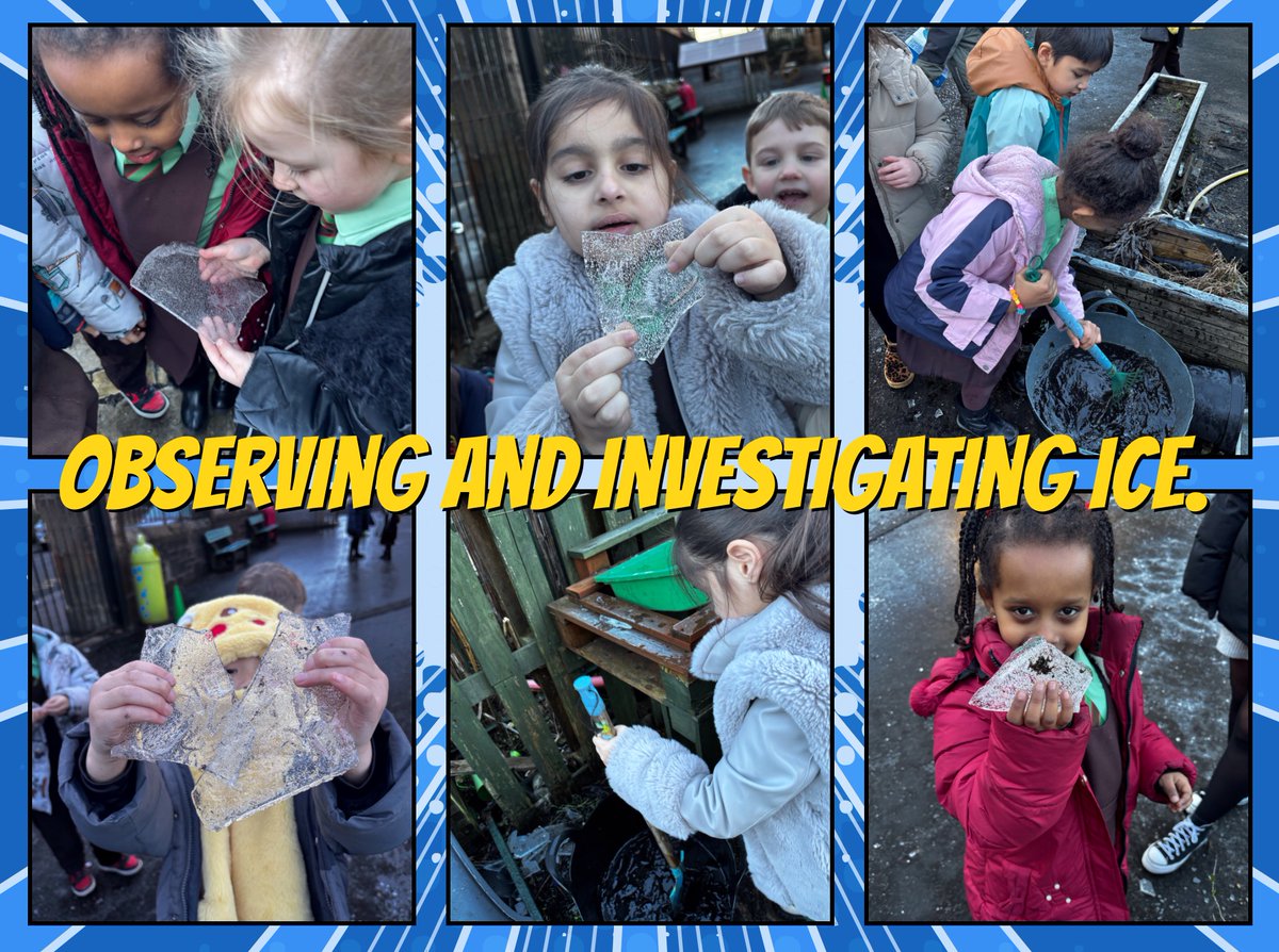 During #OutdoorLearning today we managed to observe and investigate ice found in our mud kitchen.