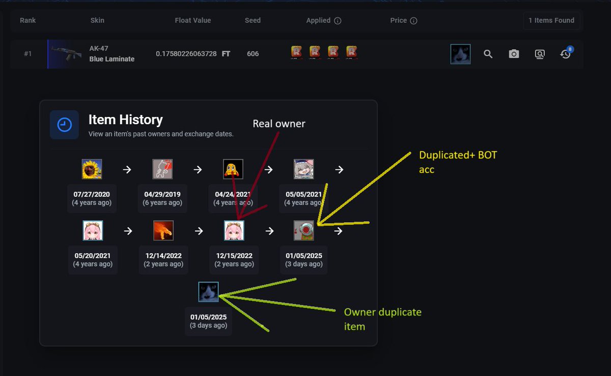 Someone managed to duplicate an AK-47 Blue Laminate with 4x Reason Gaming Kato 2014 Holo. The new owner (most likely the one who did the duplication) is now looking for a buyer for this item. Do not purchase anything , as it could result in your acc receiving a Trade ban on Steam