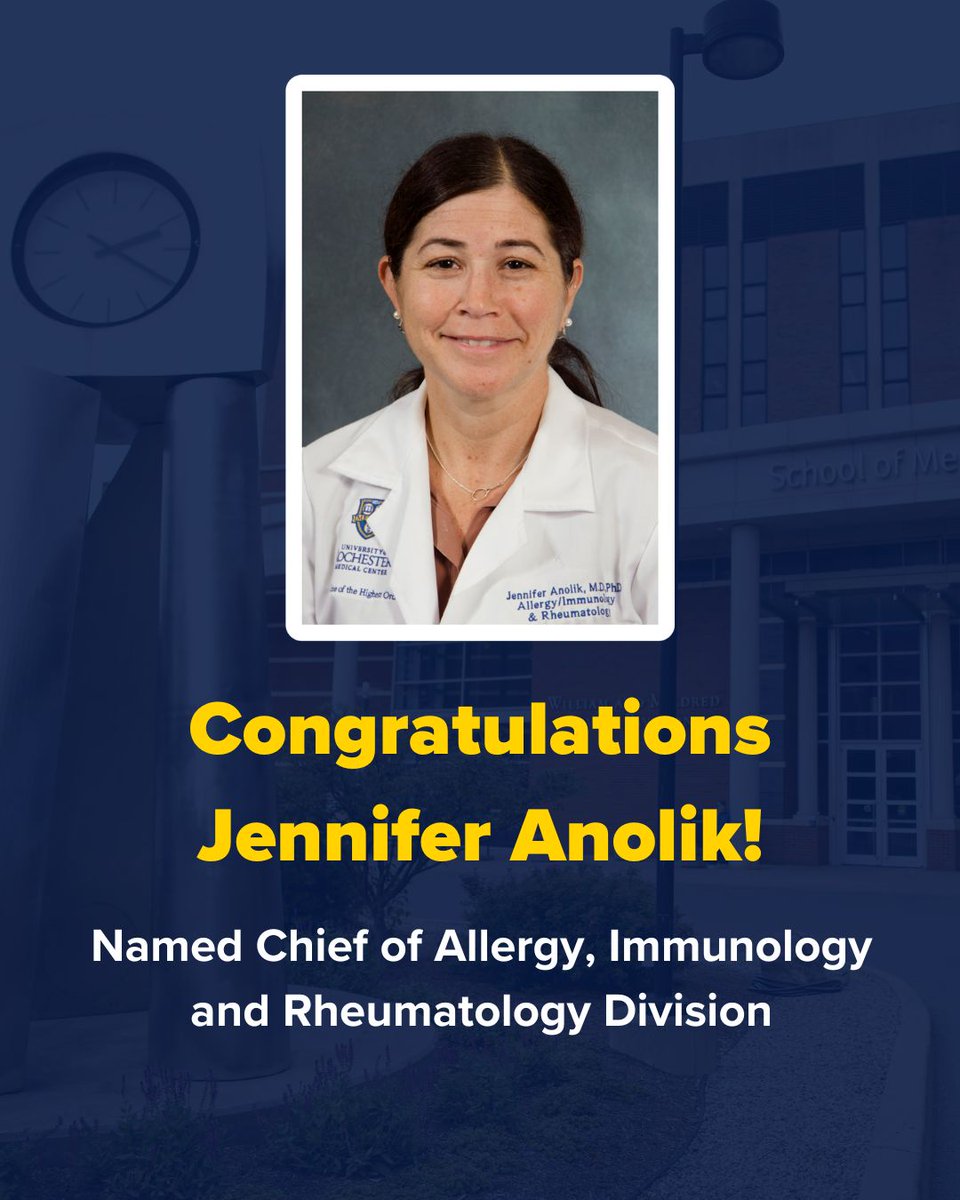 URochester SMD (@urochester_smd) on Twitter photo Thrilled to share that <a href="/jenanolikMD/">Jen Anolik</a> was named chief of the Allergy, Immunology and Rheumatology Division in the Department of Medicine, after serving as interim chief since 2021.
Congrats, Dr. Anolik!
Full story: urmc.info/1Ti
#URochesterResearch <a href="/URMC_AIR/">URMC Allergy, Immunology, Rheumatology</a> Thrilled to share that <a href="/jenanolikMD/">Jen Anolik</a> was named chief of the Allergy, Immunology and Rheumatology Division in the Department of Medicine, after serving as interim chief since 2021.
Congrats, Dr. Anolik!
Full story: urmc.info/1Ti
#URochesterResearch <a href="/URMC_AIR/">URMC Allergy, Immunology, Rheumatology</a>