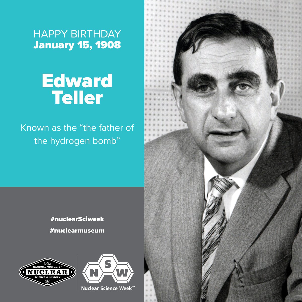 nuclearmuseum's tweet image. 🎂 HAPPY BIRTHDAY 🎂
Edward Teller is a Hungarian-American theoretical physicist and chemical engineer known colloquially as "the father of the hydrogen bomb" and one of the creators of the Teller–Ulam design based on Stanisław Ulam's design.
#nuclearmuseum #nuclearSciweek